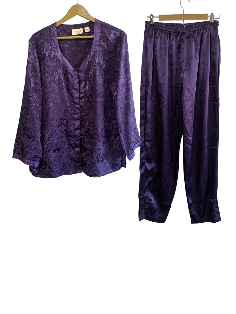 Vintage Victorias Secret Size Medium Dark Purple Satin Pajama Set Top Pants Y2K